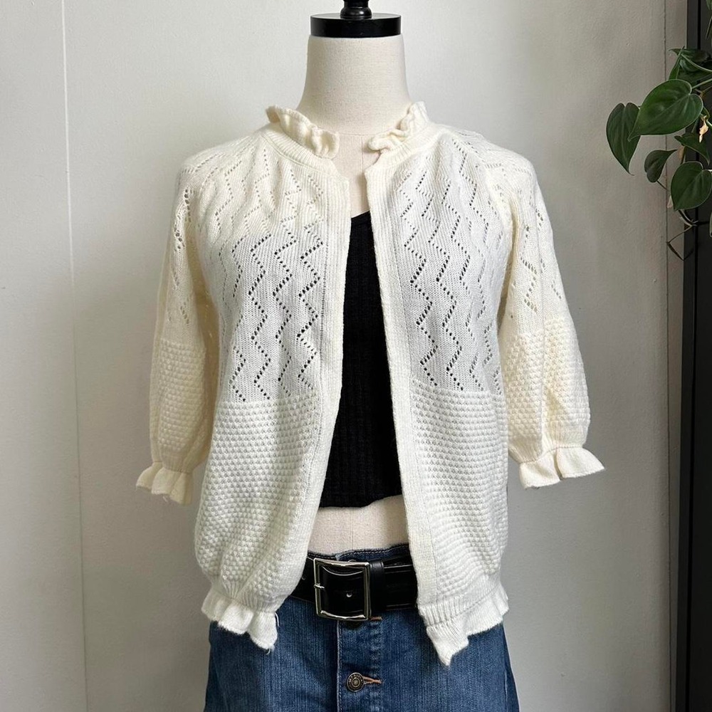 Cream Pointelle Knit Ruffle Open Front Cardigan Sweater 3/4 Sleeve Small XS